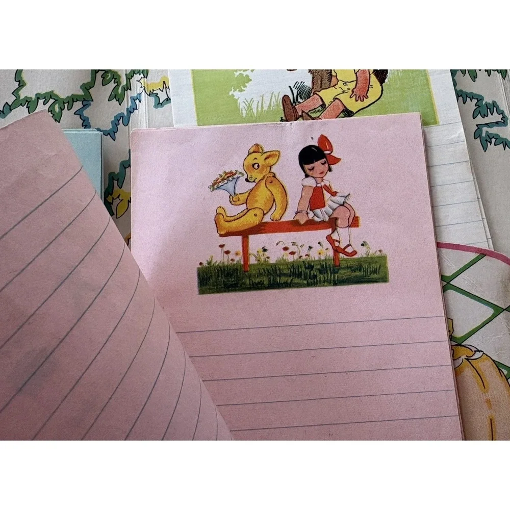 Vintage childrens stationery writing paper pink blue envelope Skeezix illus 1930